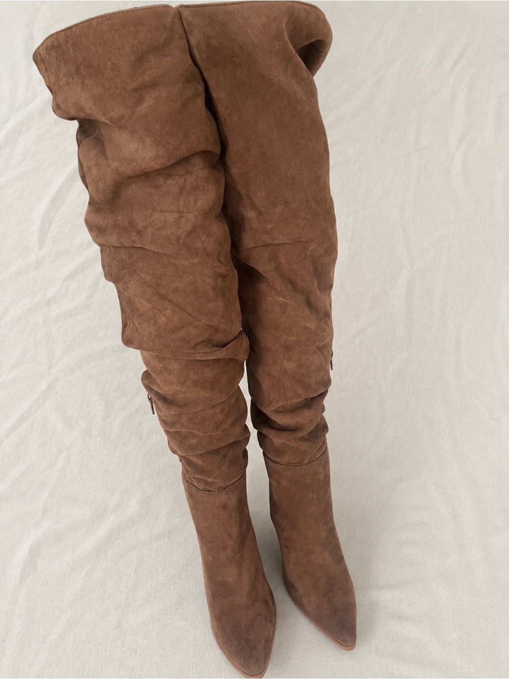Brown Faux Suede Thigh High Slouch Boots Pointed Toe Block Heel Women's 8